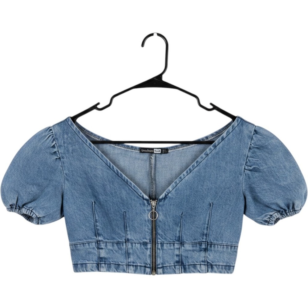 Boohoo Blue Denim Puff Sleeve Corset Crop Top Zip Front Blue Womens Size 4‎